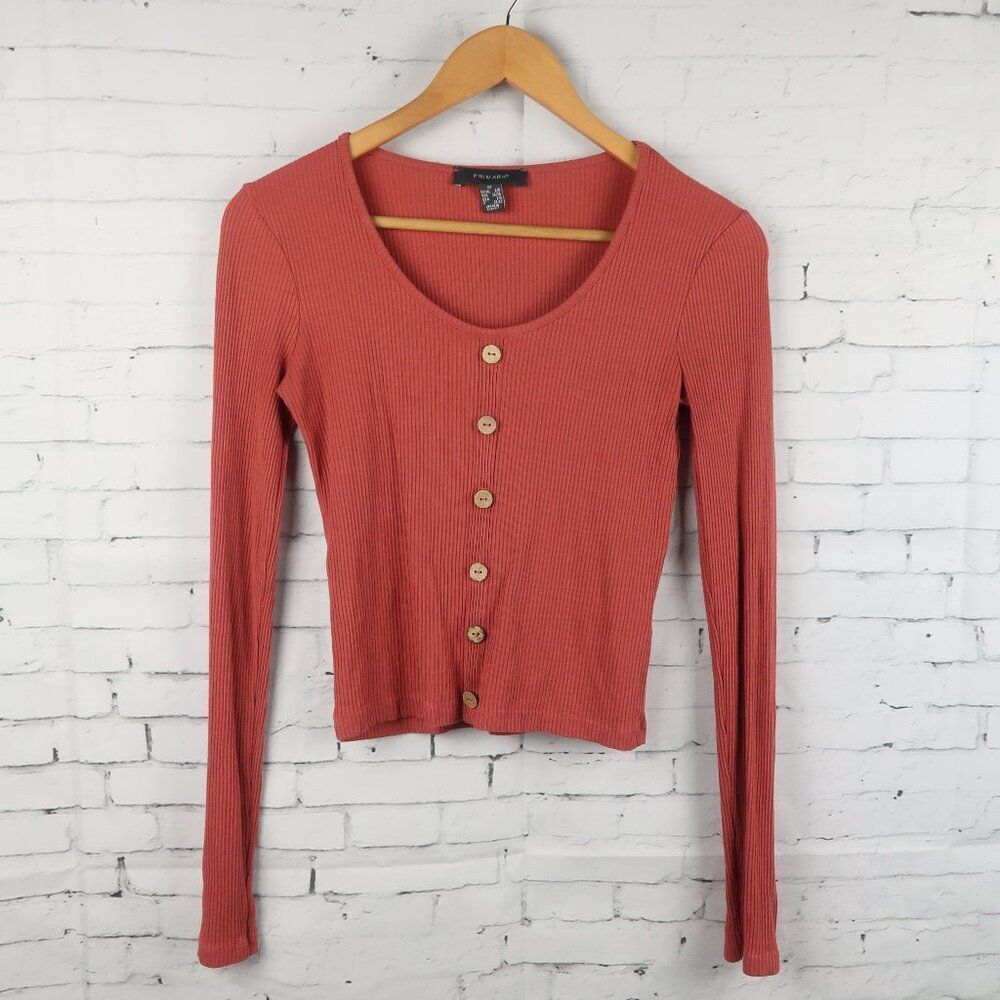 PRIMARK TERRA COTTA ORANGE LONG SLEEVE SCOOP NECK RIBBED CROPPED TOP SIZE XS